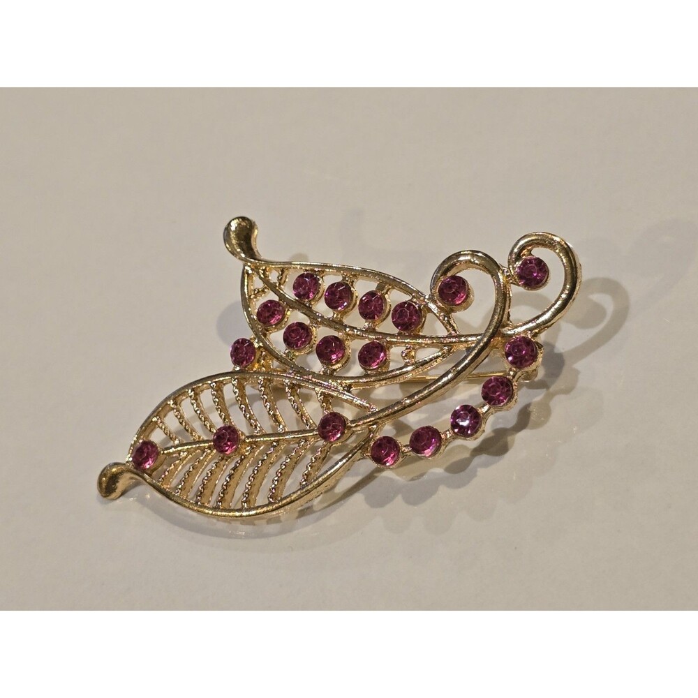 Gold Tone Pink Rhinestone Leaf Brooch Filigree Scroll Nature Pin #1071